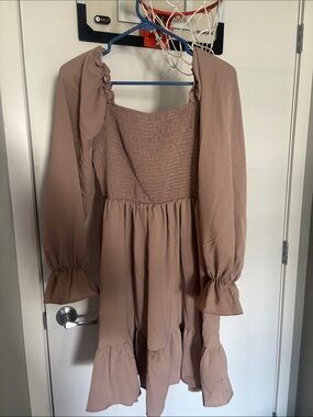 Amazon Long Sleeve Smocked Bodice Midi Dress in Taupe